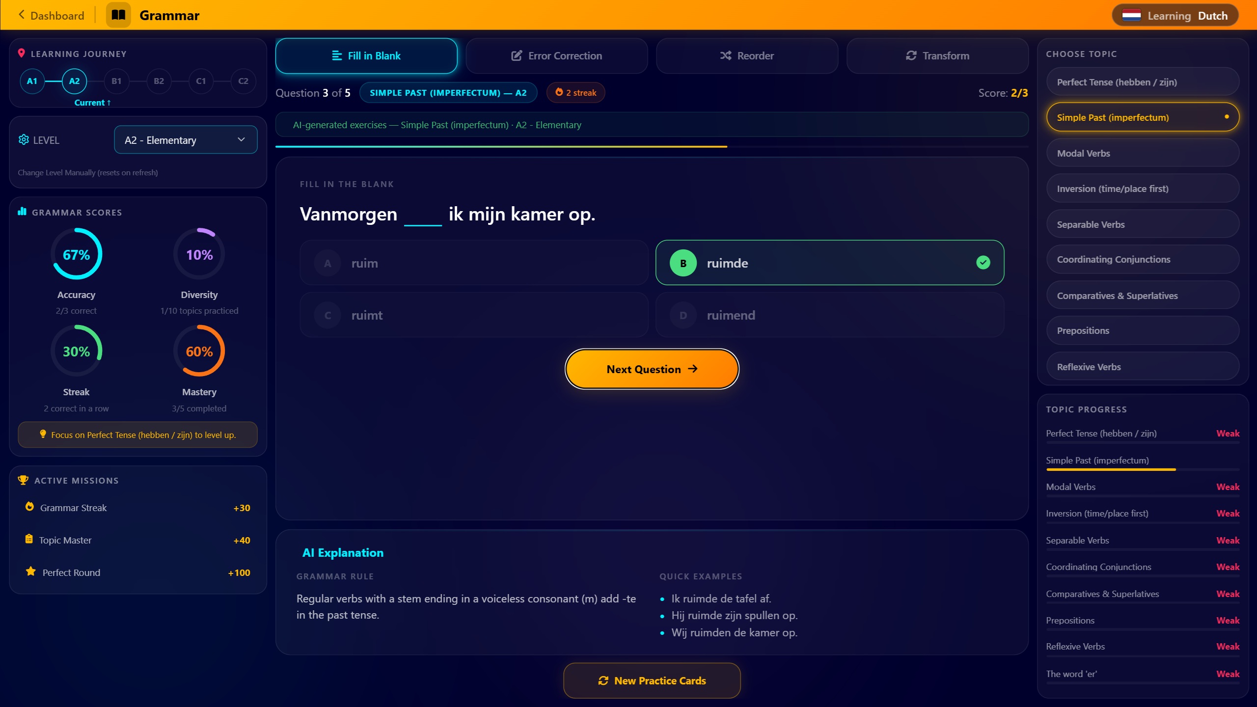 Linguenta grammar module with level-adaptive question