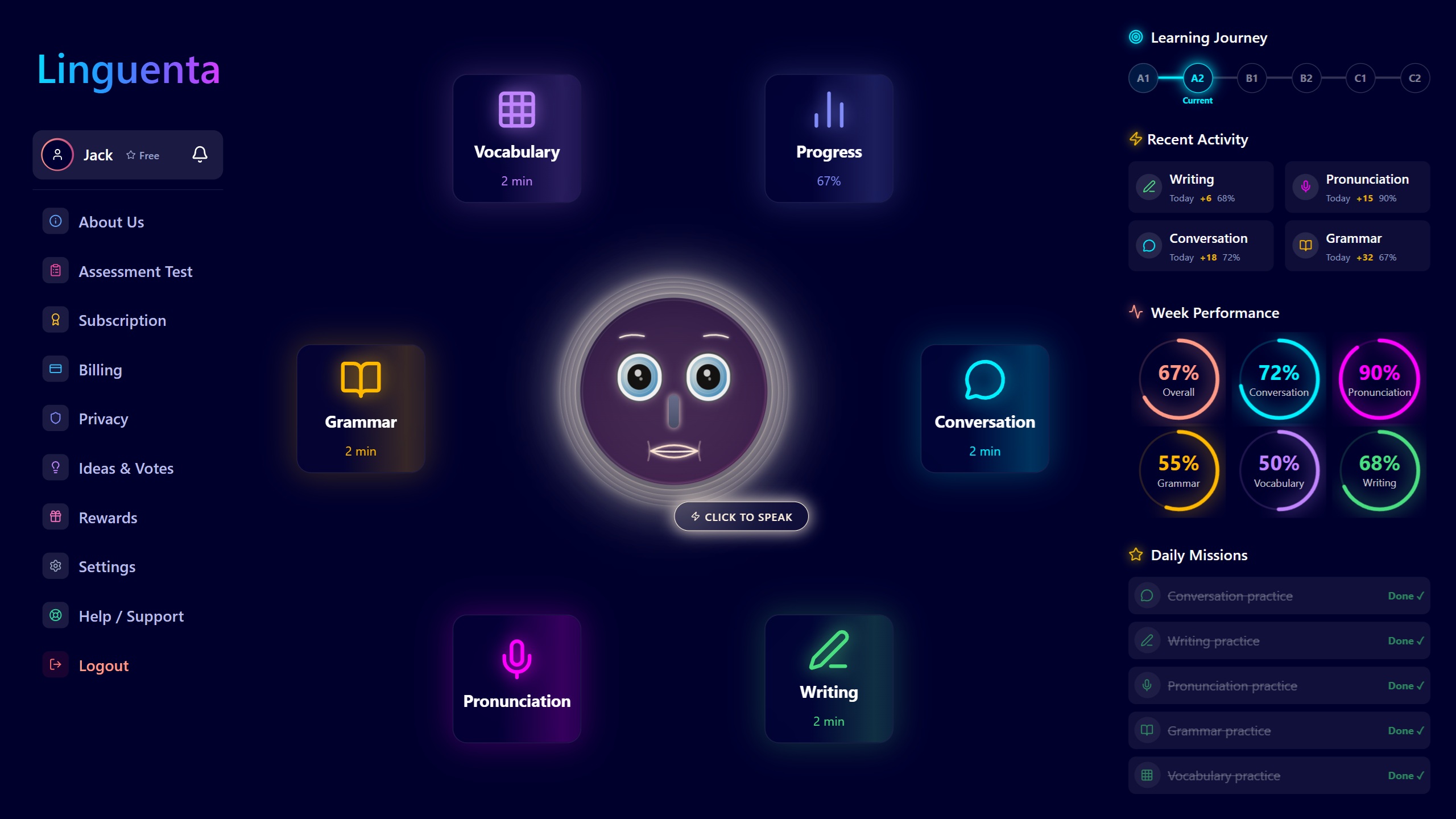 Linguenta dashboard with five practice modules