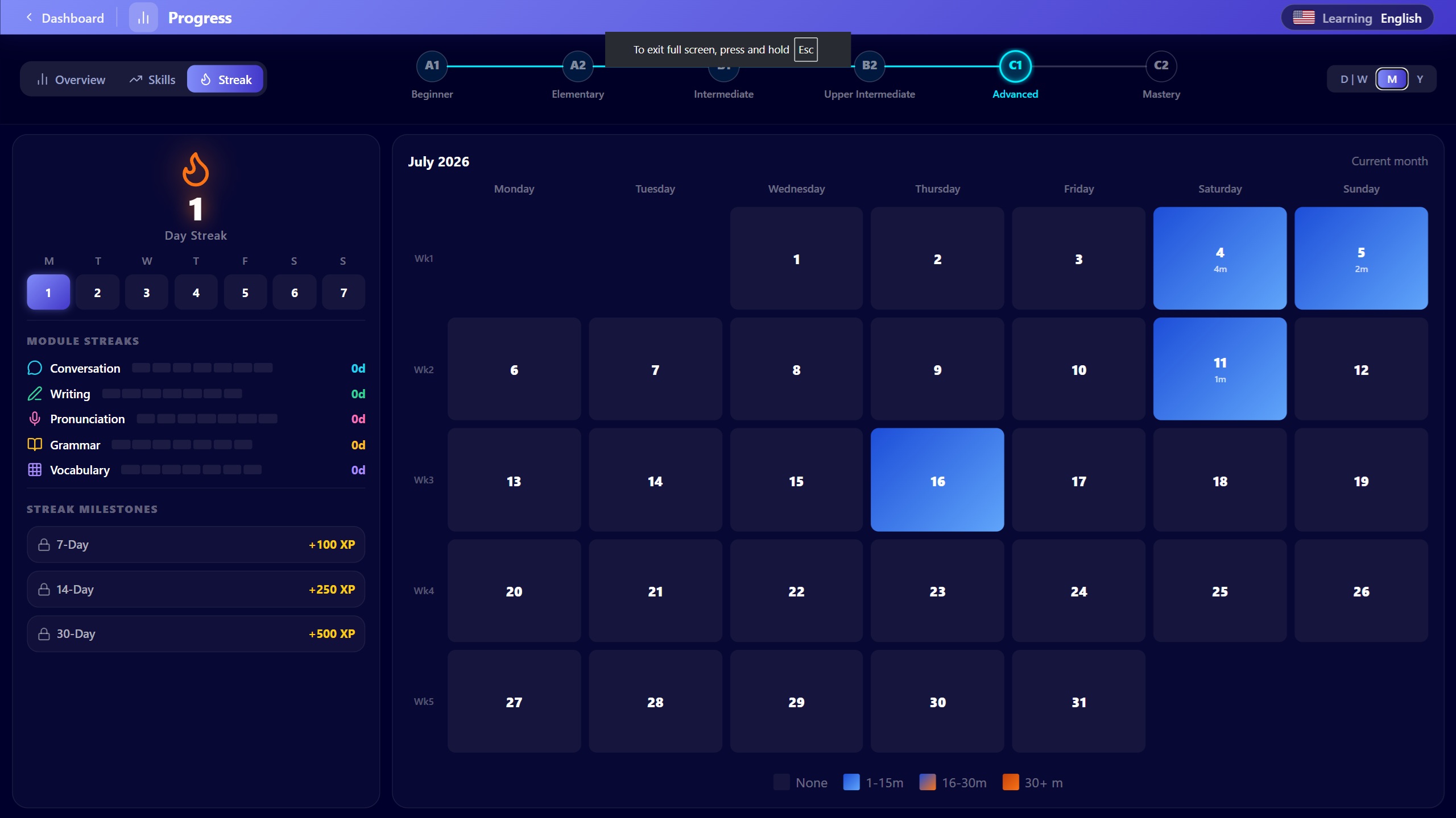 Linguenta progress streak dashboard