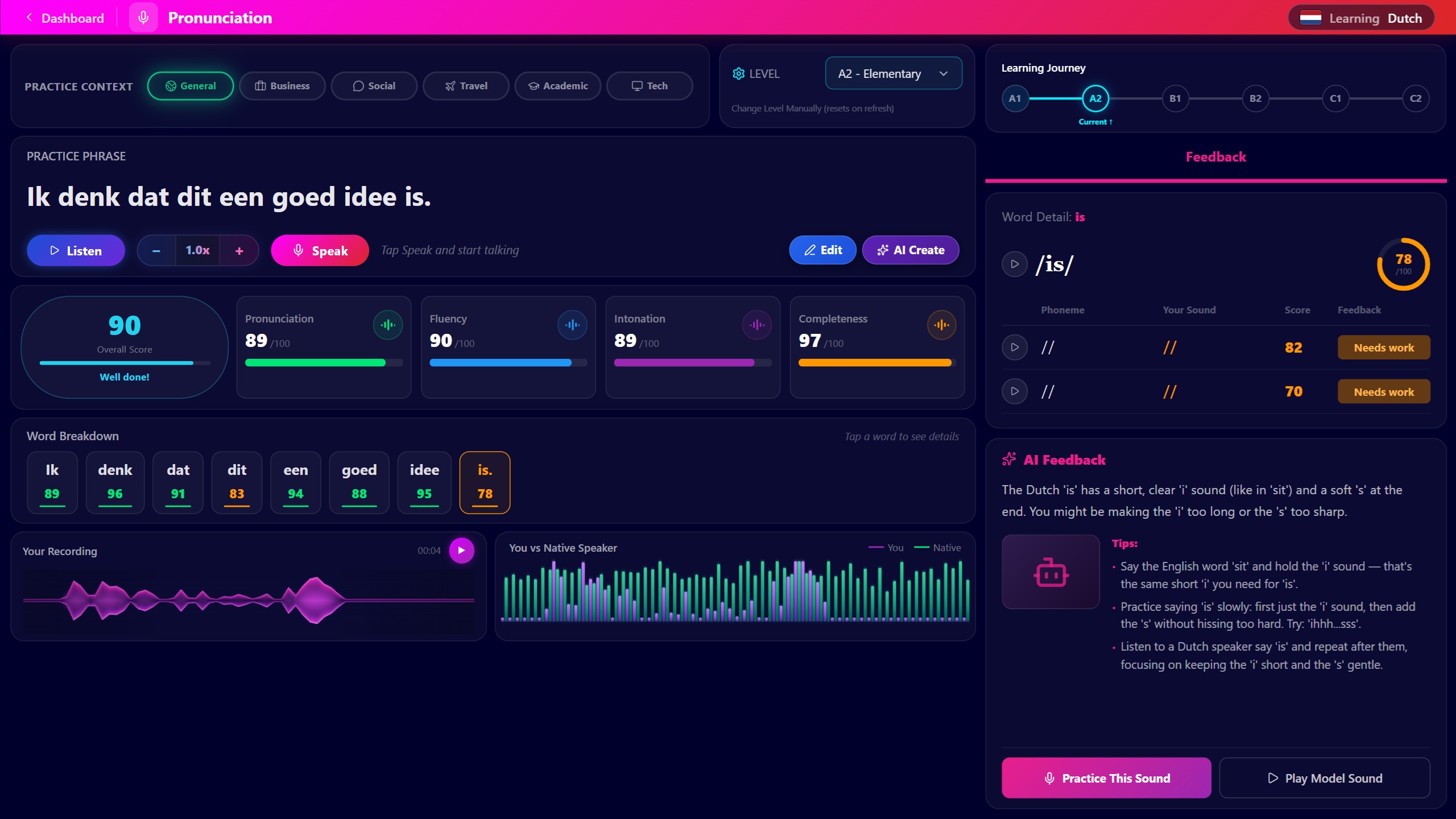 Linguenta pronunciation module with feedback scores