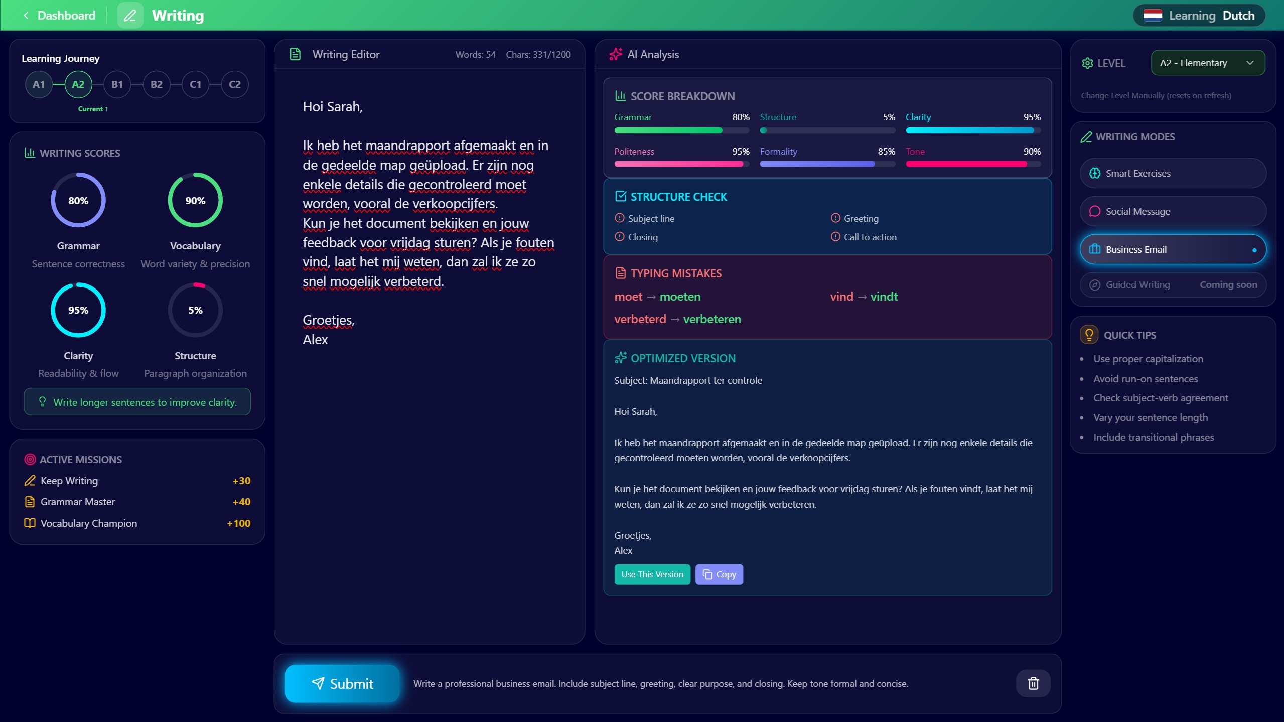 Linguenta writing module with business email analysis
